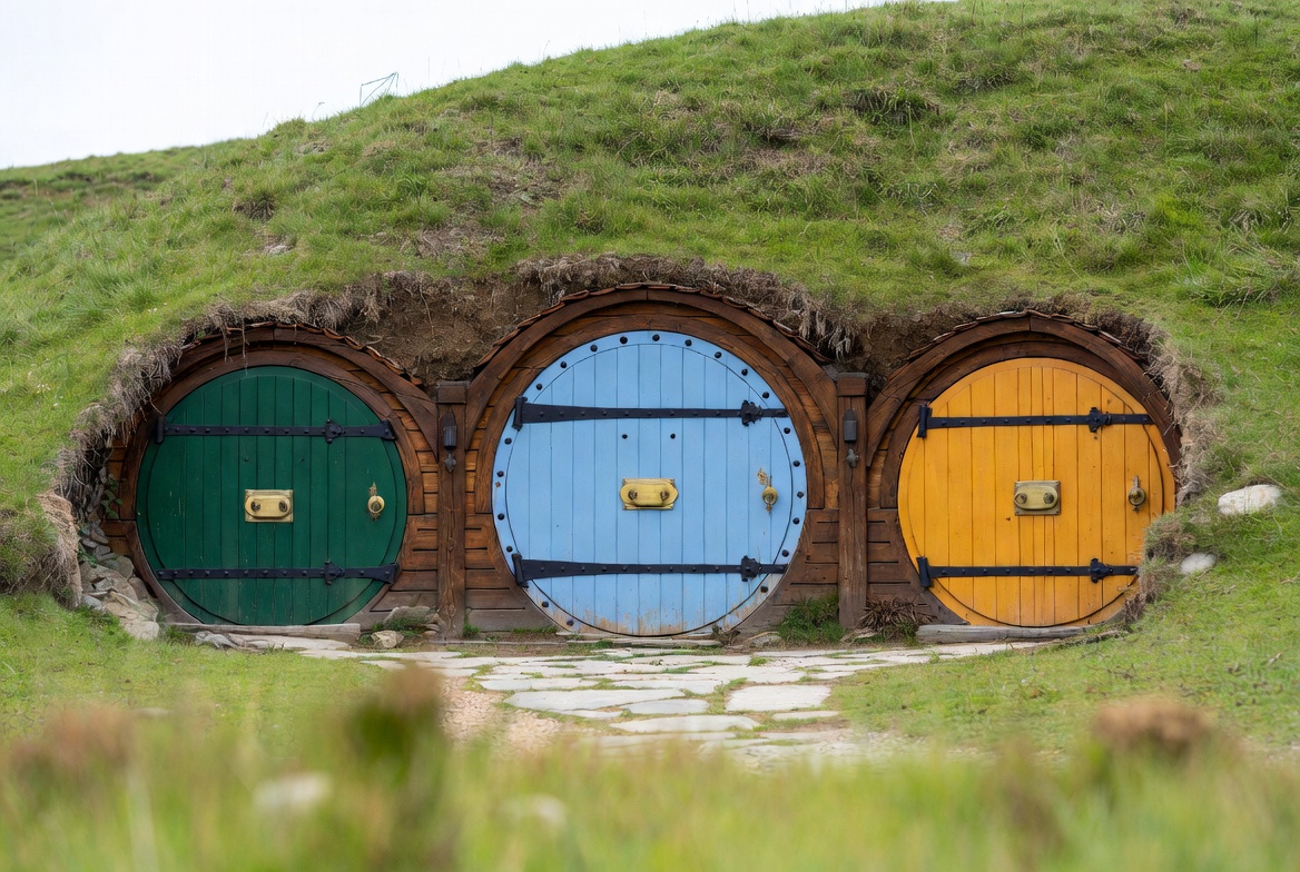 Construction crew and earthworks during the 1999 build of the Hobbiton movie set