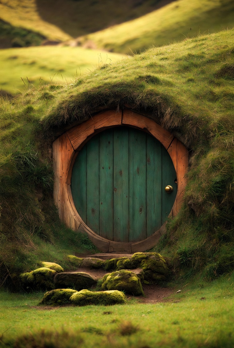 A round green hobbit-hole door surrounded by garden flowers in the Shire village