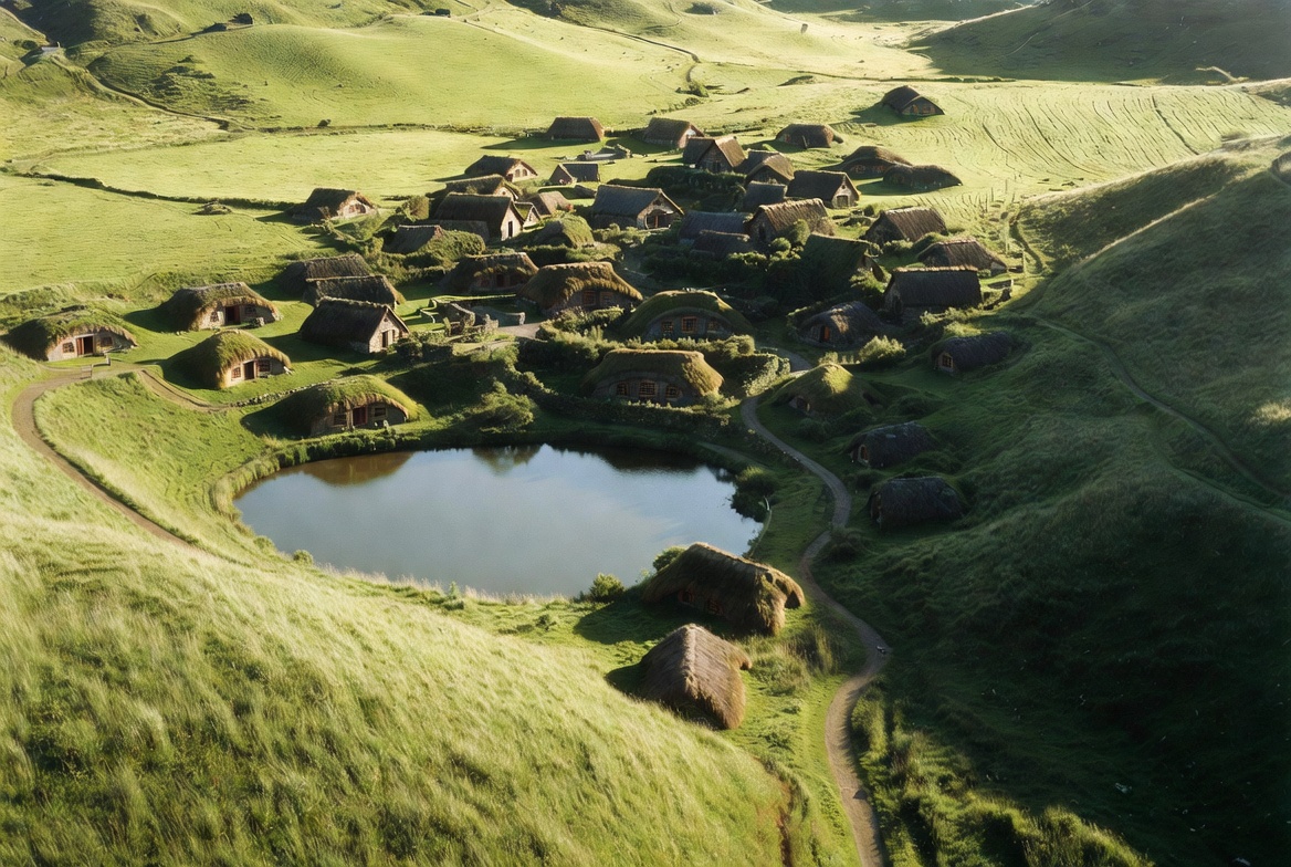 Overhead view of the 12-acre Hobbiton movie set with hobbit holes, mill, and party tree