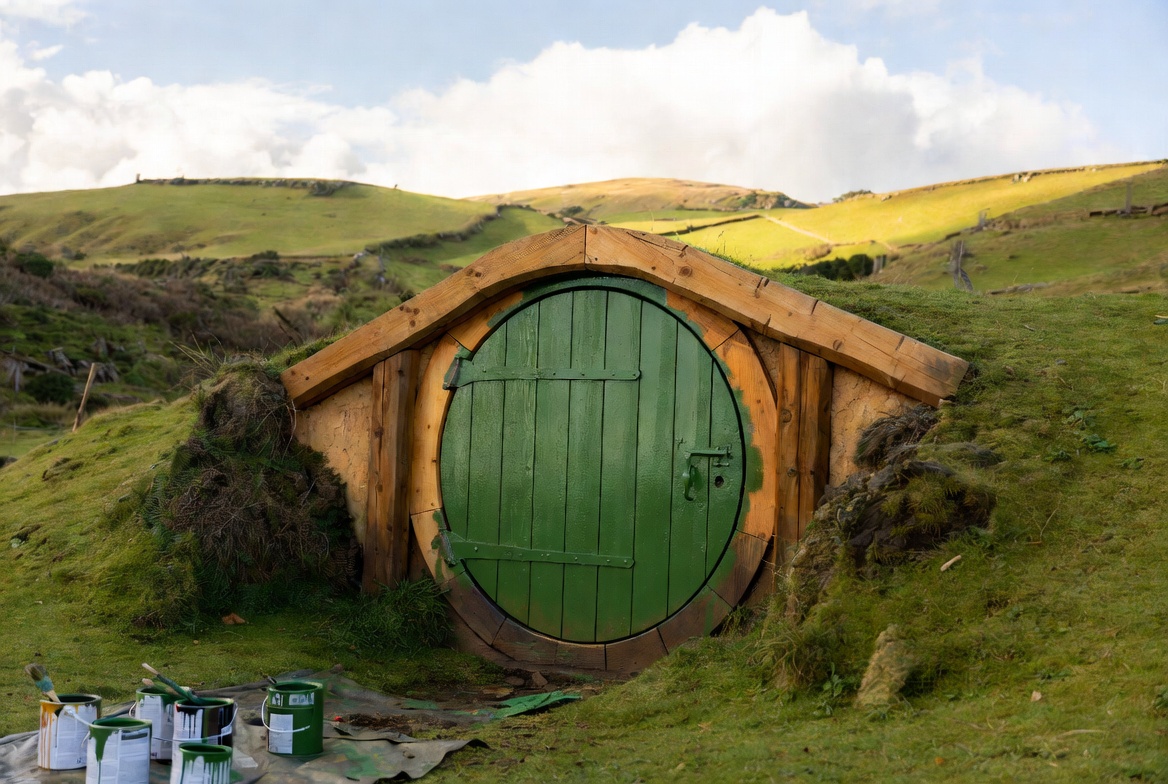 A freshly painted round green hobbit door propped on a film set