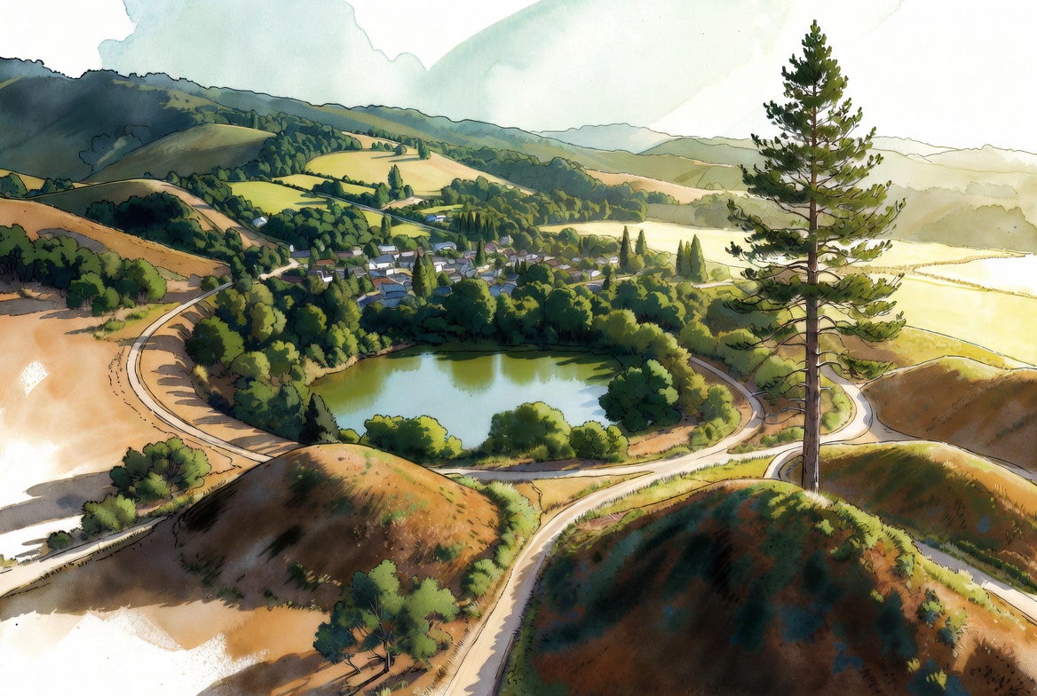 Hand-drawn aerial map of the Hobbiton movie set in a green valley