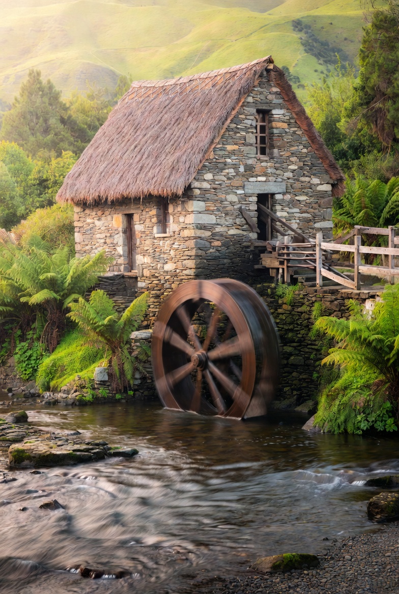 Stone watermill with thatched roof