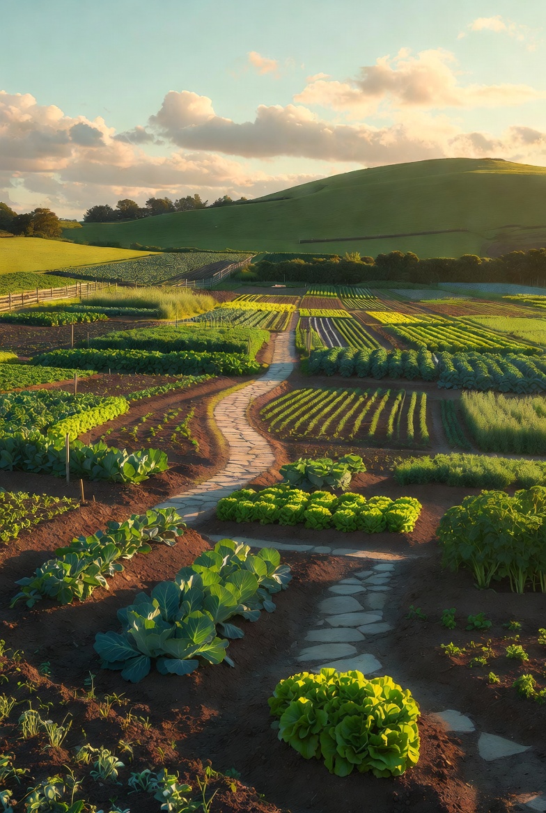 Vegetable garden with cabbages and stone path