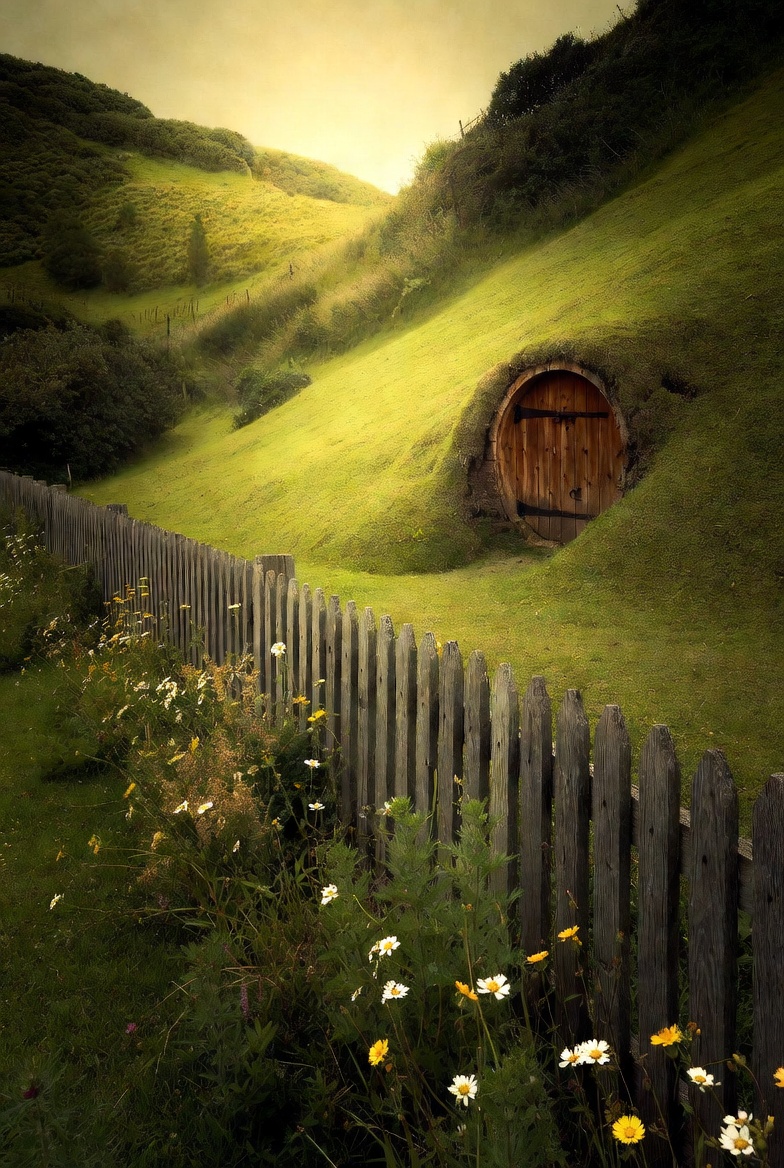 Wooden fence and wildflowers in front of a hobbit hole