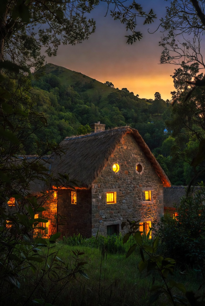 The Green Dragon Inn at dusk with warm windows