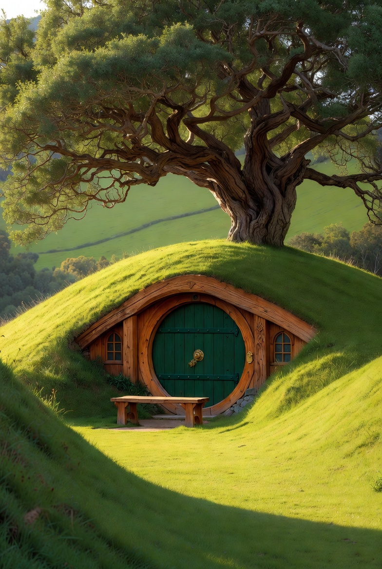 Bag End door with bench and apple tree