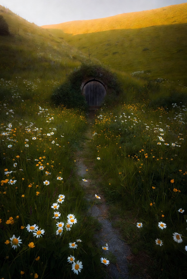 Path winding between hobbit holes in soft afternoon light